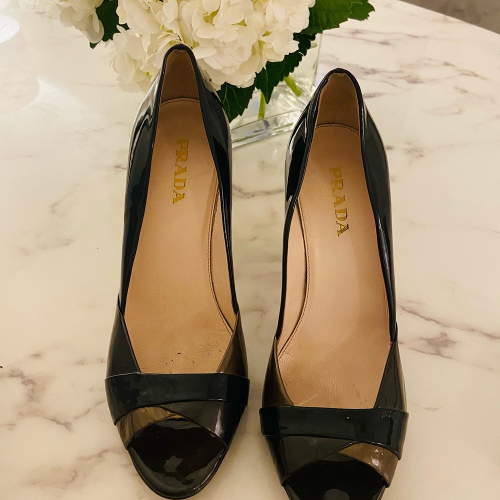 Prada patent black pumps